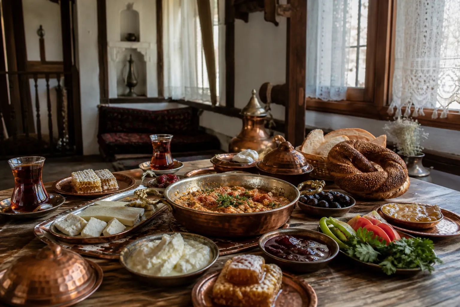 Tarihî konak odasında bakır tepsilerle kurulmuş köy kahvaltısı sofrası