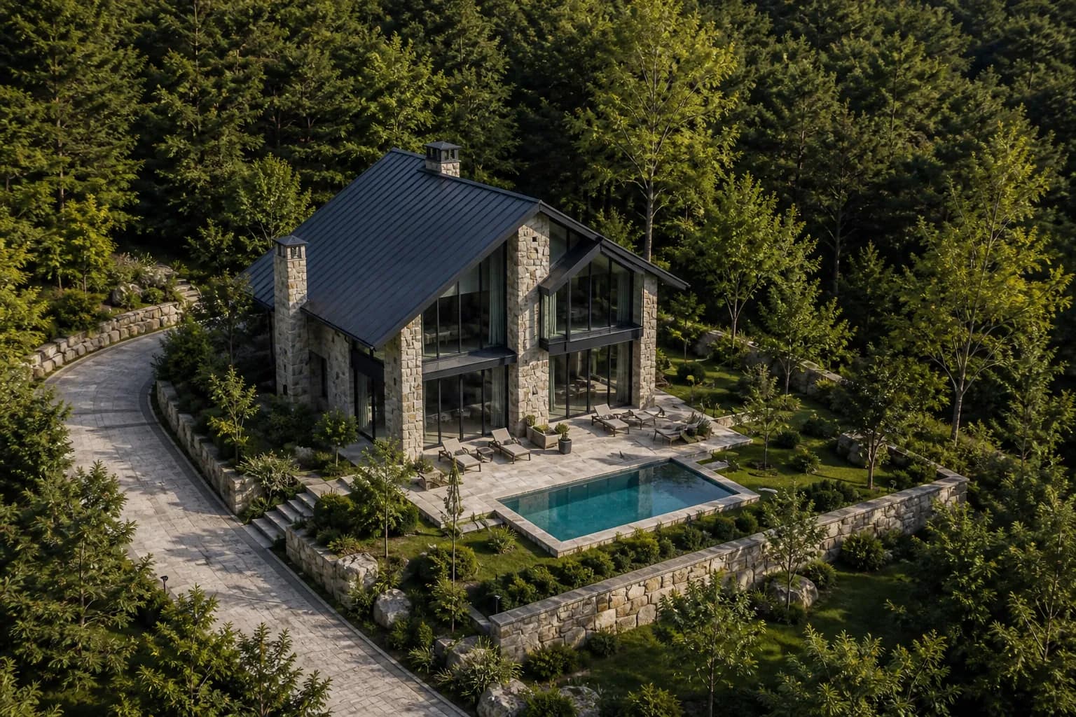 Villa Sole'nin ormanla çevrili havadan görünümü