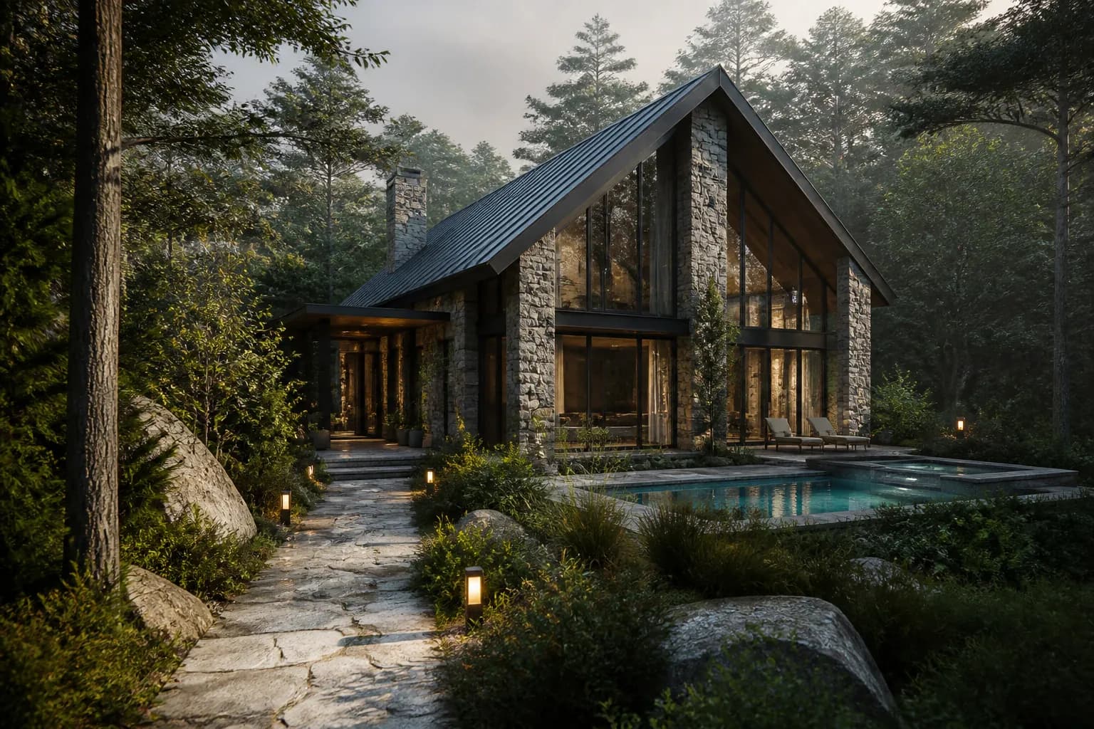 Villa Nido'ya çıkan taş patika ve aydınlatmalar