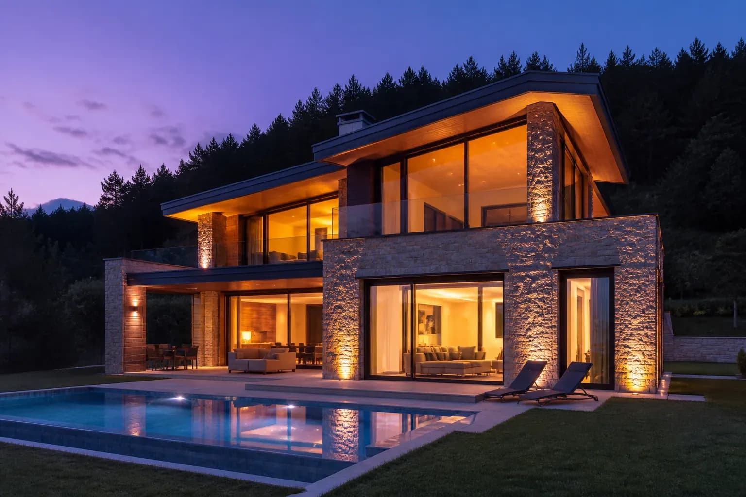 Alacakaranlıkta içeriden aydınlanan Villa Sera ve havuzu