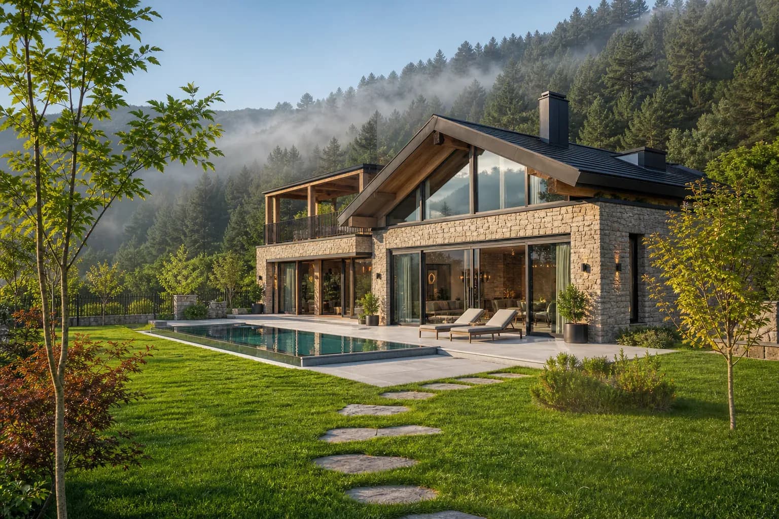 Sabah ışığında yeşil bahçesiyle Villa Verde